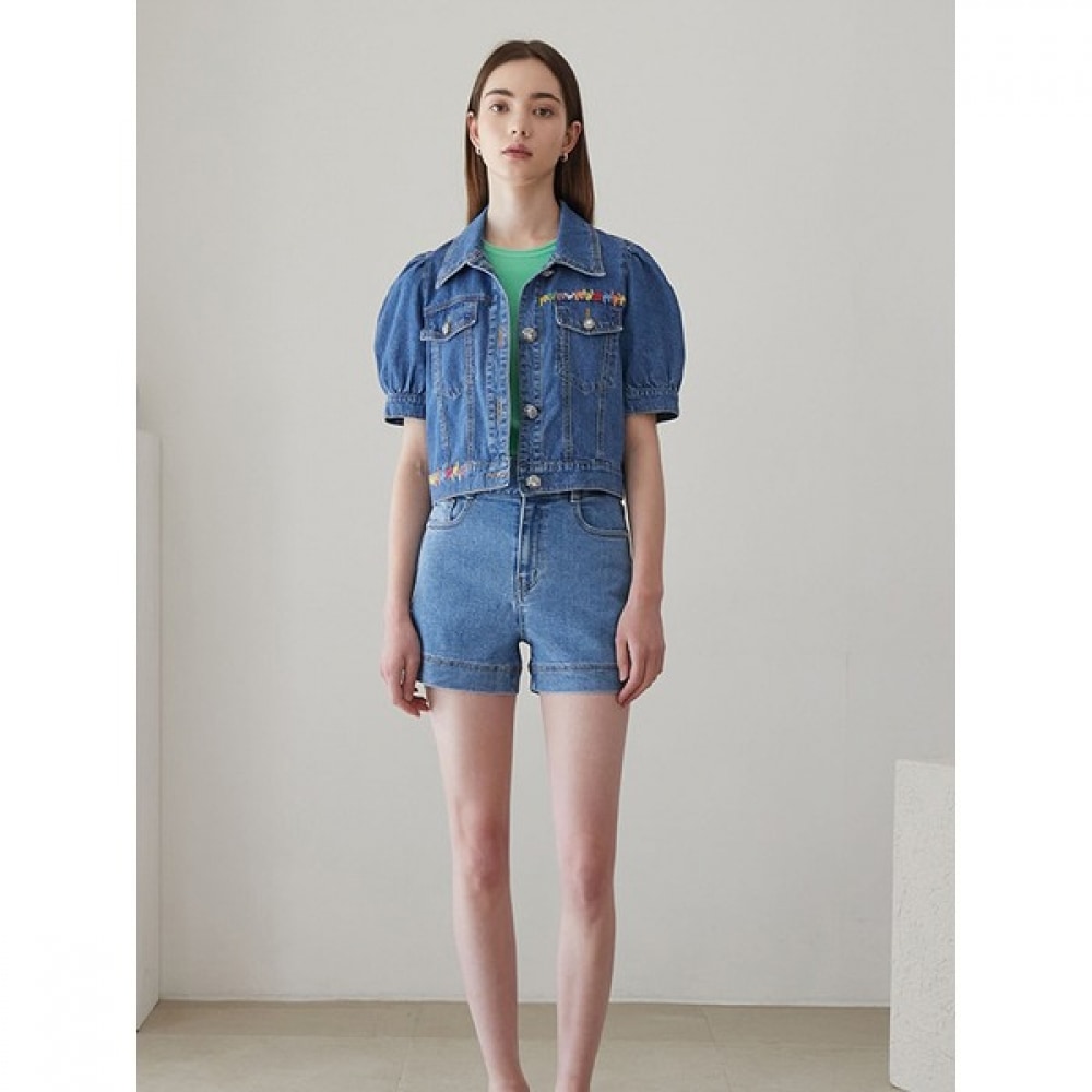 [エゴイスト] エンブロイダリーポイントパフハーフスリーブデニムジャンパー EN2DZ660