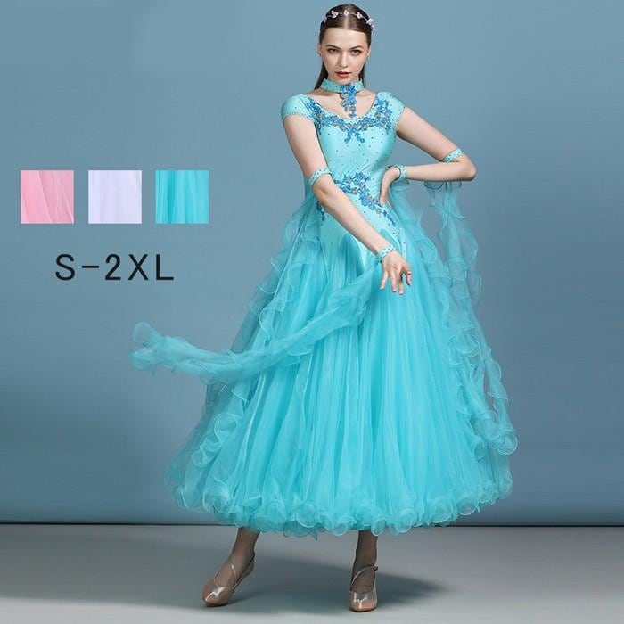 社交ダンス ドレス 社交ダンス衣装 ワンピース 長袖 広がる裾 豪 レッスン着 発表会 競技着 練習着 演出用 ホワイト ブルー ピンク S M L XL 2XL 13,928円