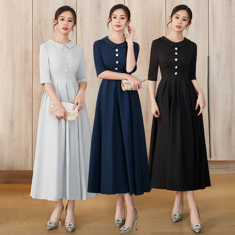 ドレス パーティードレス ロング POLOカラー フレンチレトロ ヘップバーン風 ブラック フォーマルドレス 大人女性 着痩せ 体型カバー 結婚式・パーティー・デートに 上品 アンティーク風 高級感