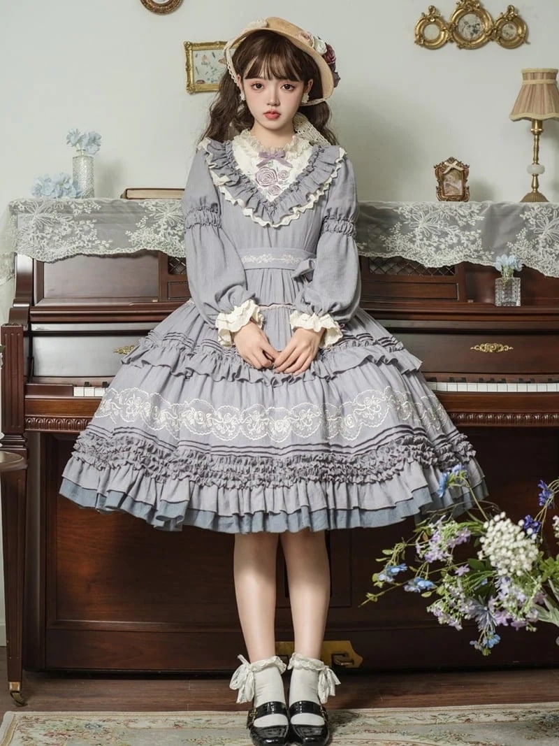 2023 ロリータ レトロ 日常 素朴な 刺繍 ドレス 秋 冬 英国風 キュート スウィート グリーン パープル