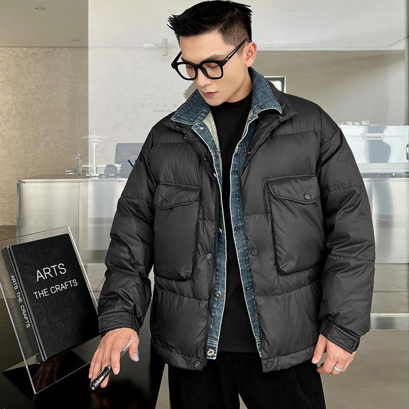 軽い大人のメンズフェイクツーピースデニム襟ビッグポケットコットンコートカップル暖かいワークウェアコットンコートとジャケット