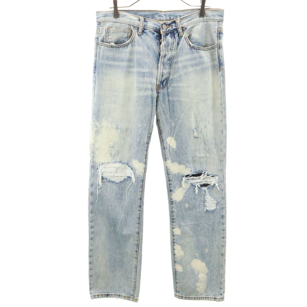 ダメージ加工 ストレートデニムパンツ w31 ジーンズ ボタンフライ メンズ 古着