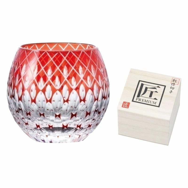 創作切子 グラス 匠 Premium 玉響 ロック360ml（木箱入） レッド