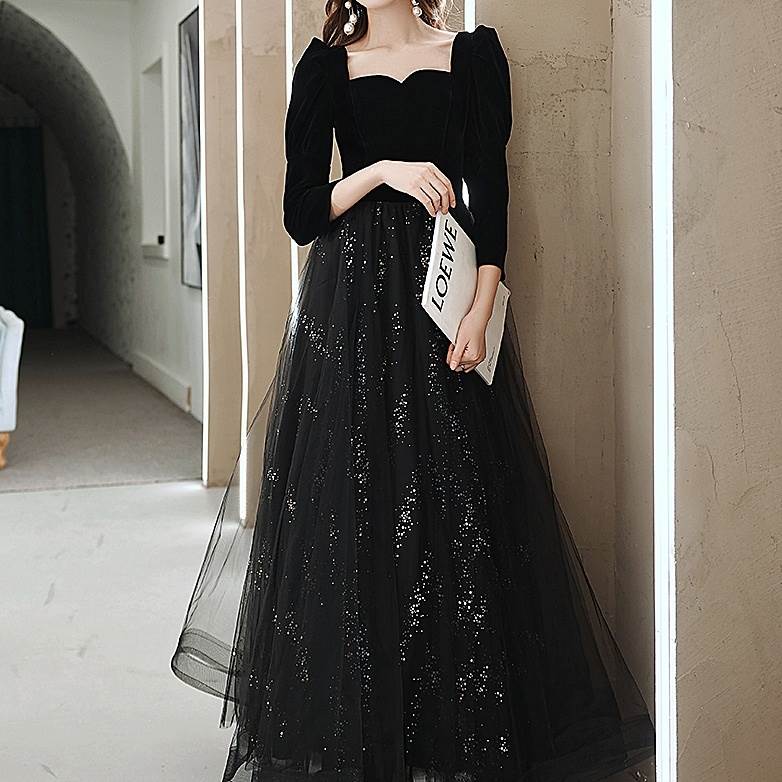 ドレス レディース パーティードレス ワンピースドレス イブニングドレス カジュアル 切り替えデザイン Aライン ロング チュール シフォン 透け感 シースルー 長袖 7分袖 二の腕カバー 背中開き