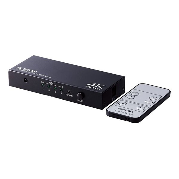 HDMI切替器 4K60P対応 4ポート 4入力1出力 専用リモコン付き DH-SW4KP41BK