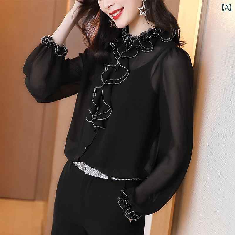 レディース シャツ シフォン フリルブラウス トップス 西洋風 欧風 長袖 エレガント 上品 高貴感 きれいめ 外出着 ビジネス オフィス インドア 演奏会 食事会