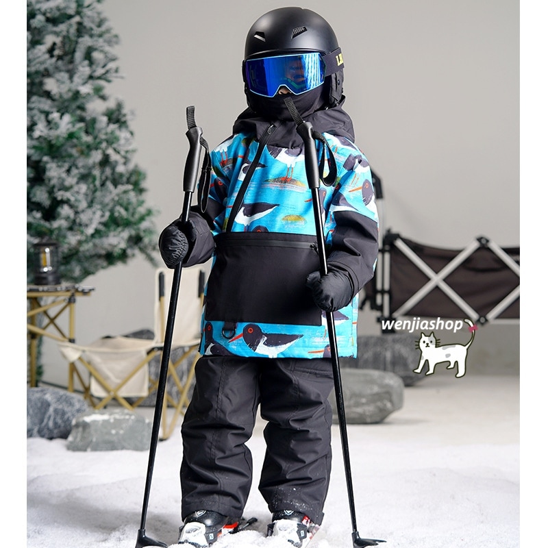 スノーボードウェア 2025 上下セット キッズ 子供 ベビー服 ジャケット アウター ブルー オーバーオール つなぎパンツ ズボン スノボウェア スキーウェア 防寒着韓国風 女の子 男の子 こども