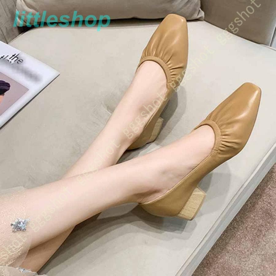 急速出荷スタイルアップ！ヒールパンプス パンプス 走れる 楽 3E チャンキーヒール スクエアトゥ パンプス 4cmヒール レディース 靴 スリッポン ギャザー オフィス orange