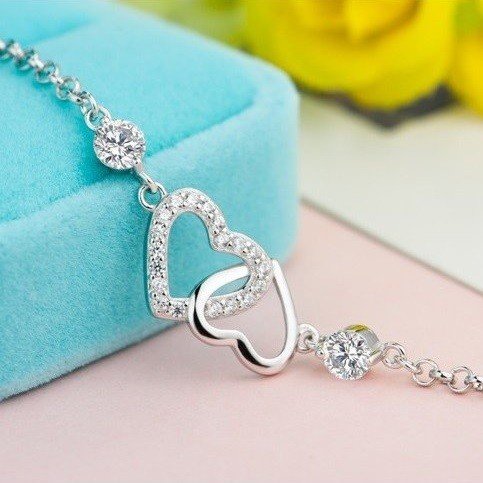 ブレスレット ダイヤ ダブルハート 2粒 ハートモチーフ 2色 白 紫プラチナ仕上げ シルバー925