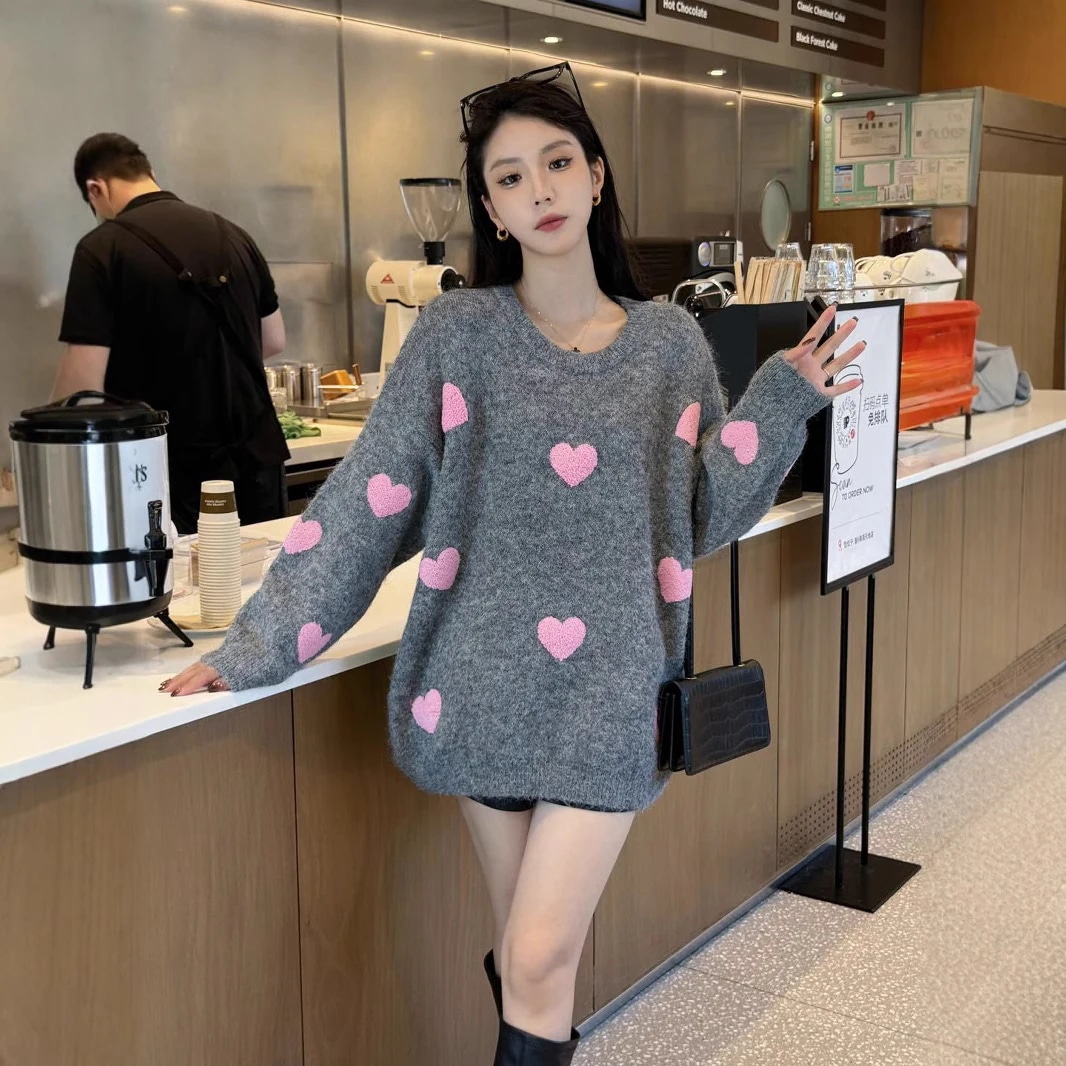 2025春夏ニット ハート柄 ジャカードニット プルオーバー セーター ルーズ トップス 秋 冬 長袖 レトロ 韓国ファッション レディース