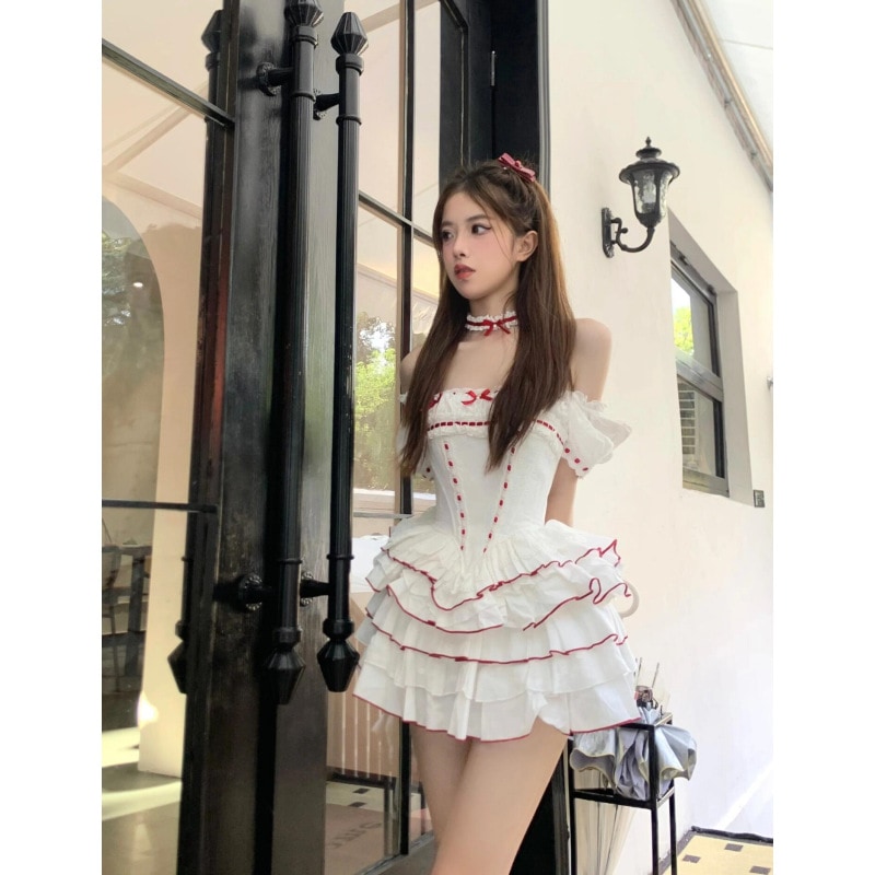 夏リボン飾り甘くてエロティックな雰囲気ウエストを細くする韓国風パフスリーブケーキドレス