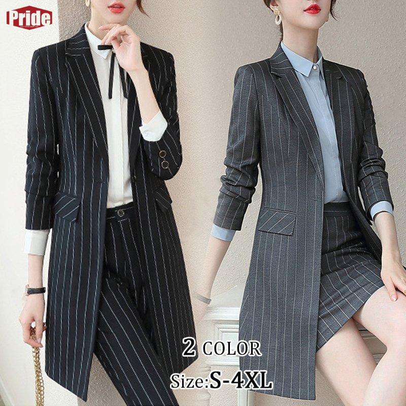 売れ レディースファッション スーツセット ストライプ パンツセット事務服 ジャケット スカートセット ビジネススーツ セレモニー 入学式 通勤オシャレ 着痩せ