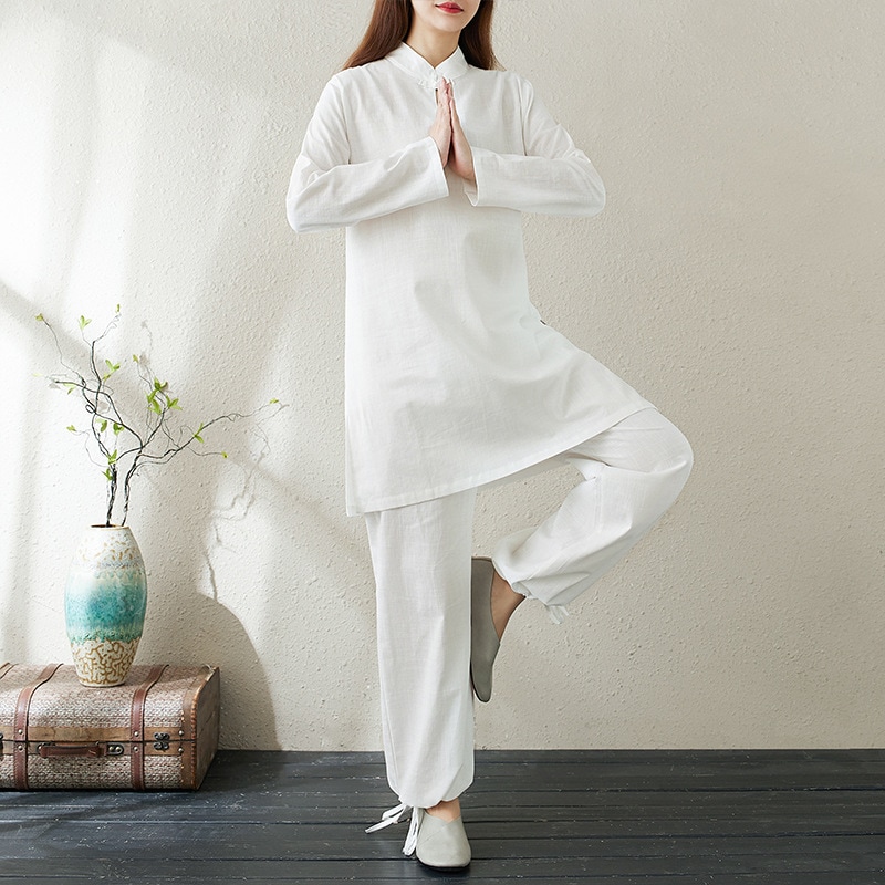 秋 リネンコットン ヨガウェア 禅意 2点セット 白 禅服 ファンタジー 禅修 中華風