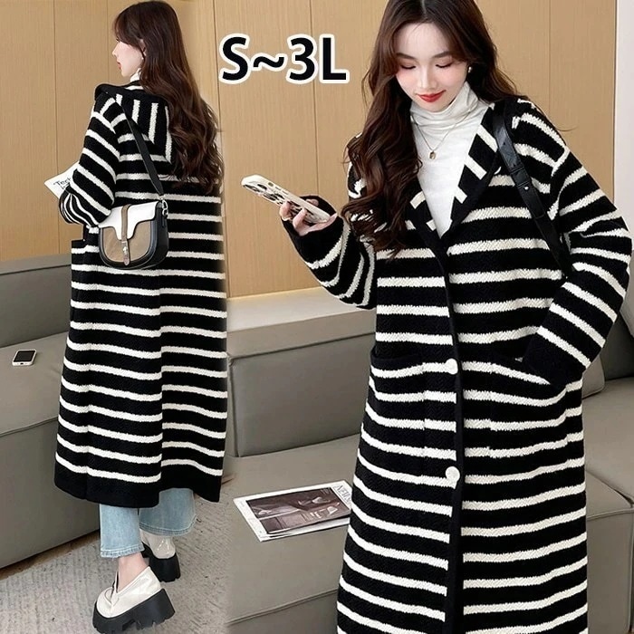 ニットガウン ニットカーディガン ストライプ柄 フード付き ロング レディース 長袖ガウン カーディガン 長袖 厚手 ロングカーディガン ポケット付き コーディガン ライトアウター 羽織り 大きいサ