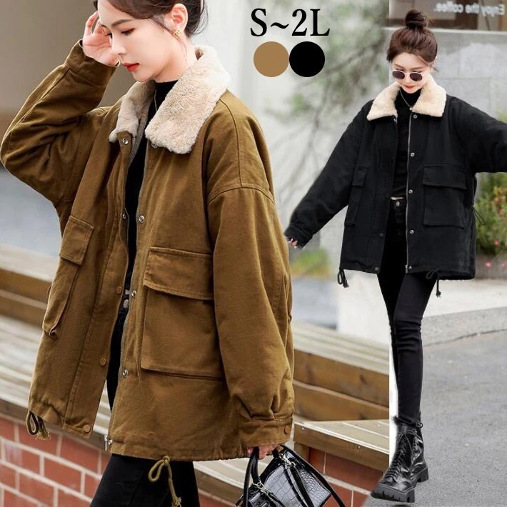 コート レディース　デニムコート　モッズコート 裏ボア ファー付き　ブルゾン　アウター　ショート　大きいサイズ　防寒　秋冬　S　M　L　2L今日は30パーセント