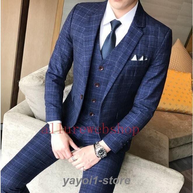 メンズスーツセットチェク柄 ジャケット++パンツ スーツ3点セット 大きいサイズ　ビジネス/フォーマル/パーティー/結婚式　 紳士服