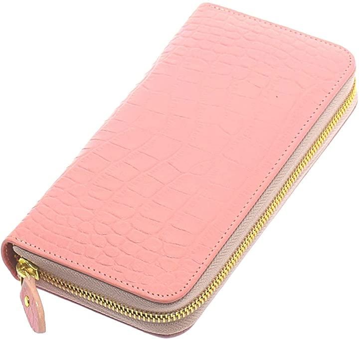 クロコダイル 長財布 型押し 牛革 メンズ レディース( ローズクォーツ)