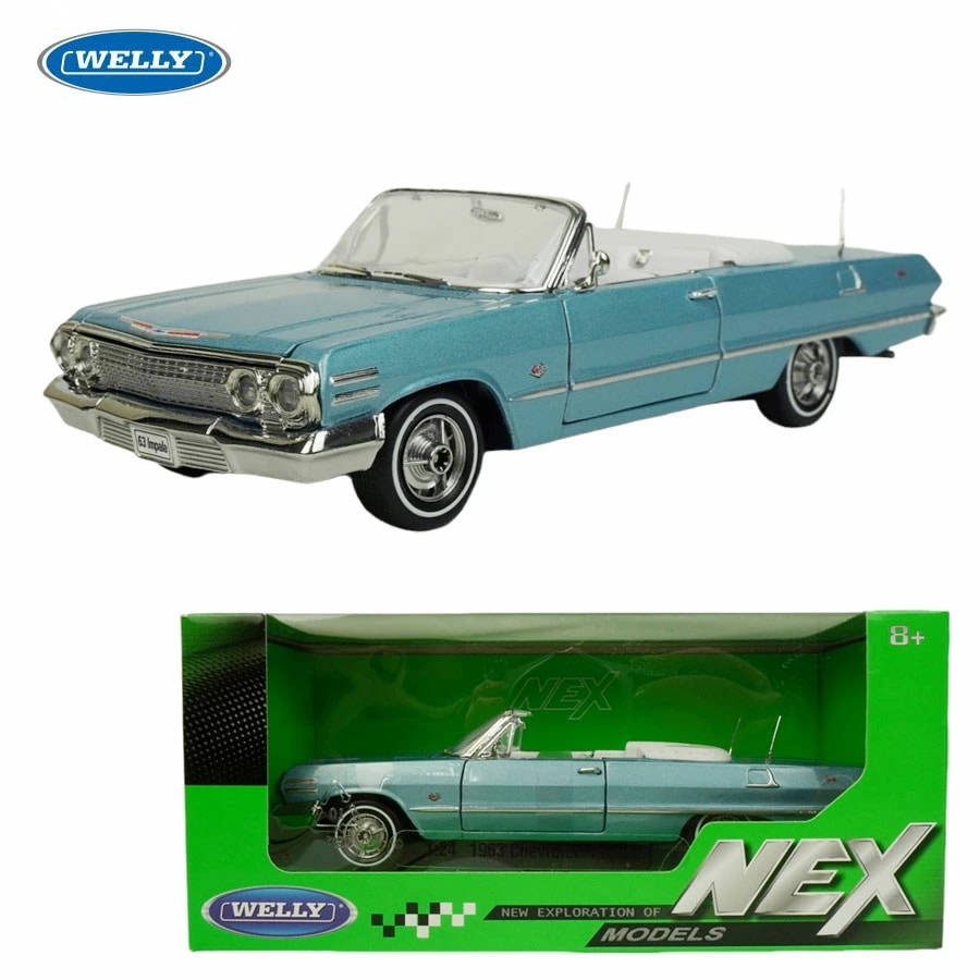 ダイキャスト 1/24 箱入り ミニカーWELLY 1:24 1963 CHEVROLET IMPALAウェリー シボレー インパラ ダイキャストカーライトブルー 水色 青 ロ