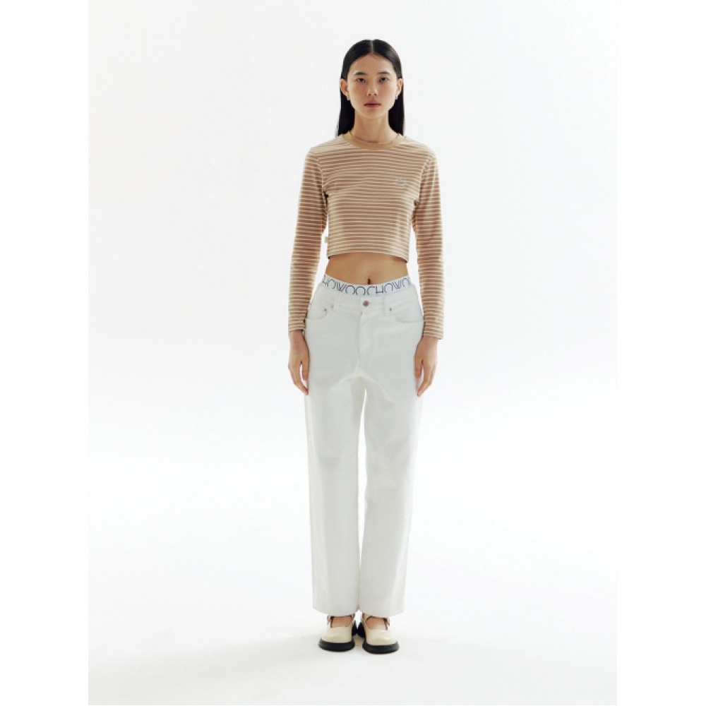 CHOWOO エンブロイダリー付きクロップドロングスリーブ Tシャツ-ブラウン_CW1A_T17WW