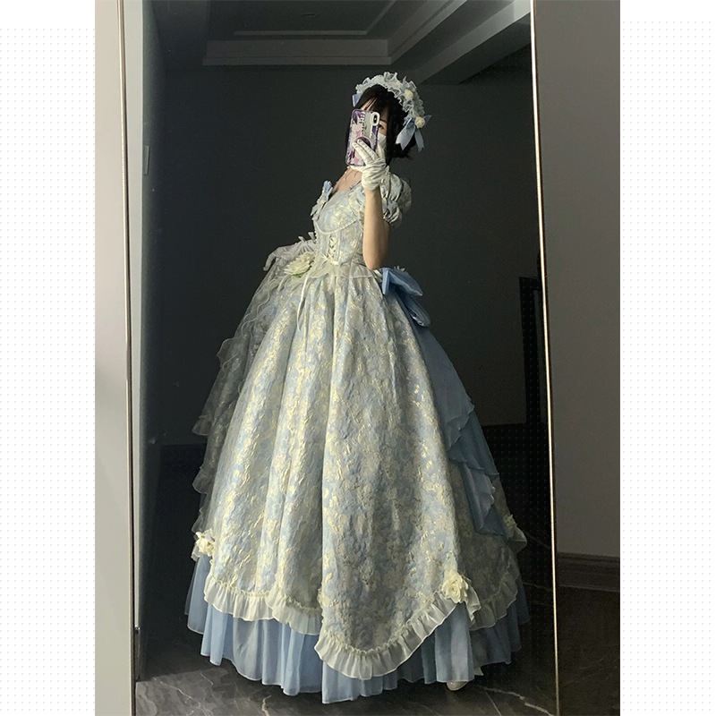 ブルーウェディングプリンセスドレスドレスロリータドレスウェディングロリータ重工テールスカート