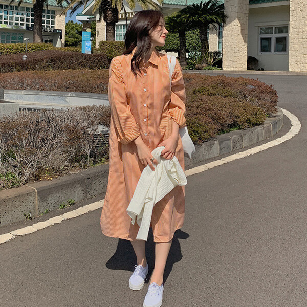 コヘル ストライプシャツロングワンピース(44~100)_ビッグサイズ