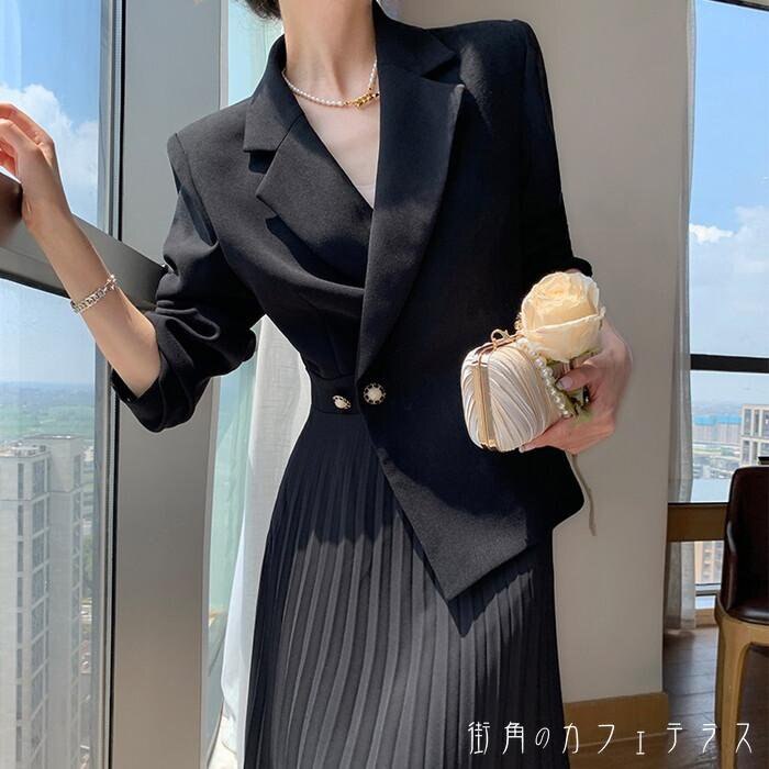 ワンピース レディース 切り替えワンピース 切り替え ドッキングワンピース セットアップ風 異素材 長袖 ジャケット テーラードジャケット 開襟 プリーツスカート プリーツ