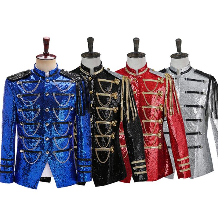 立ち襟 新年会 余興 舞台衣装 メンズ礼服 キラキラ ライブ スパンコールジャケット タキシードジャケット 目立つ 欧風 司会者 忘年会 ヨーロッパ 4色 舞台衣裳 ステージ衣装 演出服 バンド 舞台