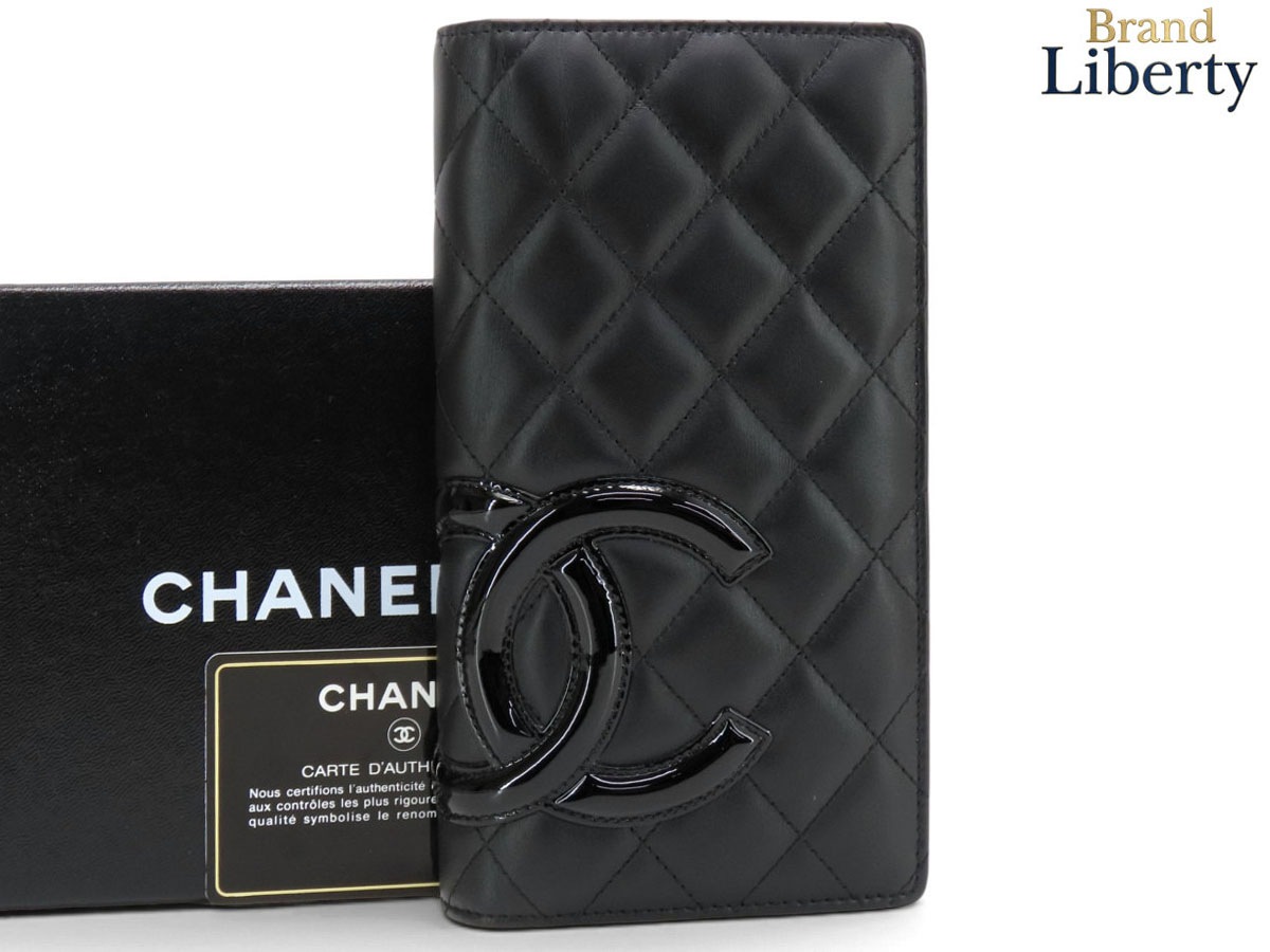 新品同様シャネルCHANELカンボンラインココマーク二つ折り長財布ブラックブラックエナメルピンクカーフスキンA26717