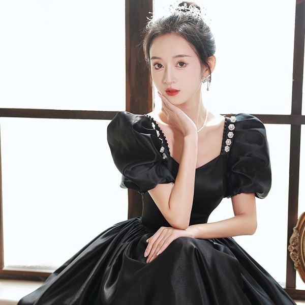 ドレス 大人 ピアノ 発表会 サテン ロングドレス 演奏会 結婚式 母親 ピアノ発表会 黒 袖付き ワンピース 半袖 演奏会ドレス 演奏会用ドレス パーティードレス イブニングドレス ロング丈