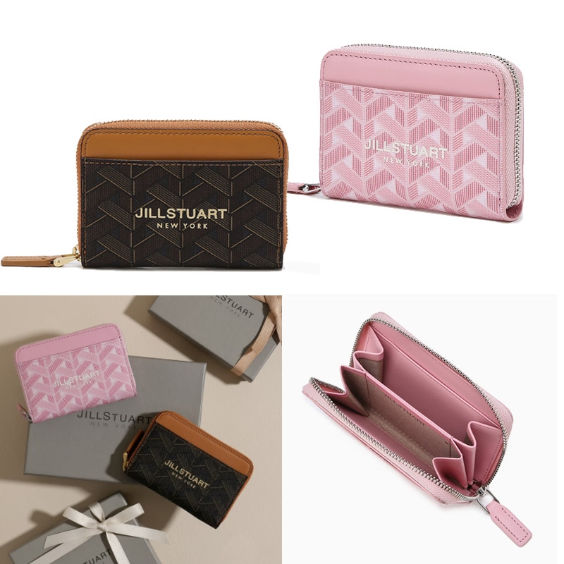 [ROSELLA]ロゼラチリングブラウン/ピンク柄ジッパーカード財布