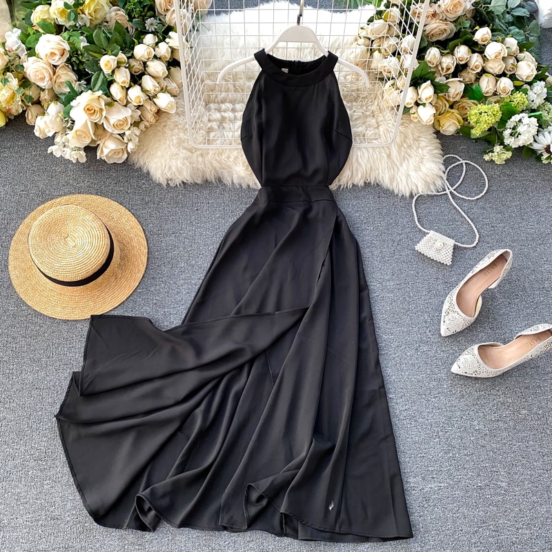 ワンピース スカート ロング丈 袖なし ノースリーブ ホルターネック ラップ ブラック レッド オレンジ グリーン イエロー 個性的 主役級 存在感 無地 春 夏 秋 冬 結婚式 二次会 レディース