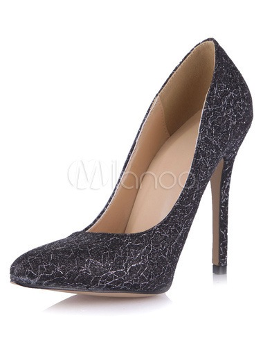 ブラックスパンコールスティレットヒールセクシーポイントトゥヒール