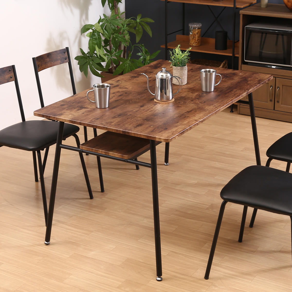 ダイニングテーブル 幅120cm テーブル スチール脚 ヴィンテージ調 収納付 4人掛け 長方形 木目調 異素材 シック インダストリアル調 カフェ風 かっこいい