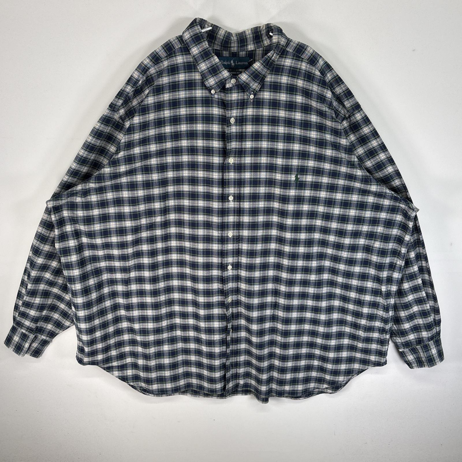 古着 長袖シャツ チェック ロゴ 刺繍 大きいサイズ 肉厚 4XB BIG ネイビー マルチカラー メンズ