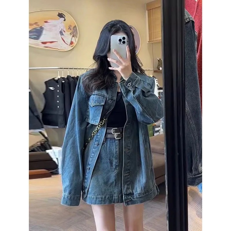 韓国ファションデニムゆったり長袖セットアップレディーススウェット上下セットデニムコート2点セット