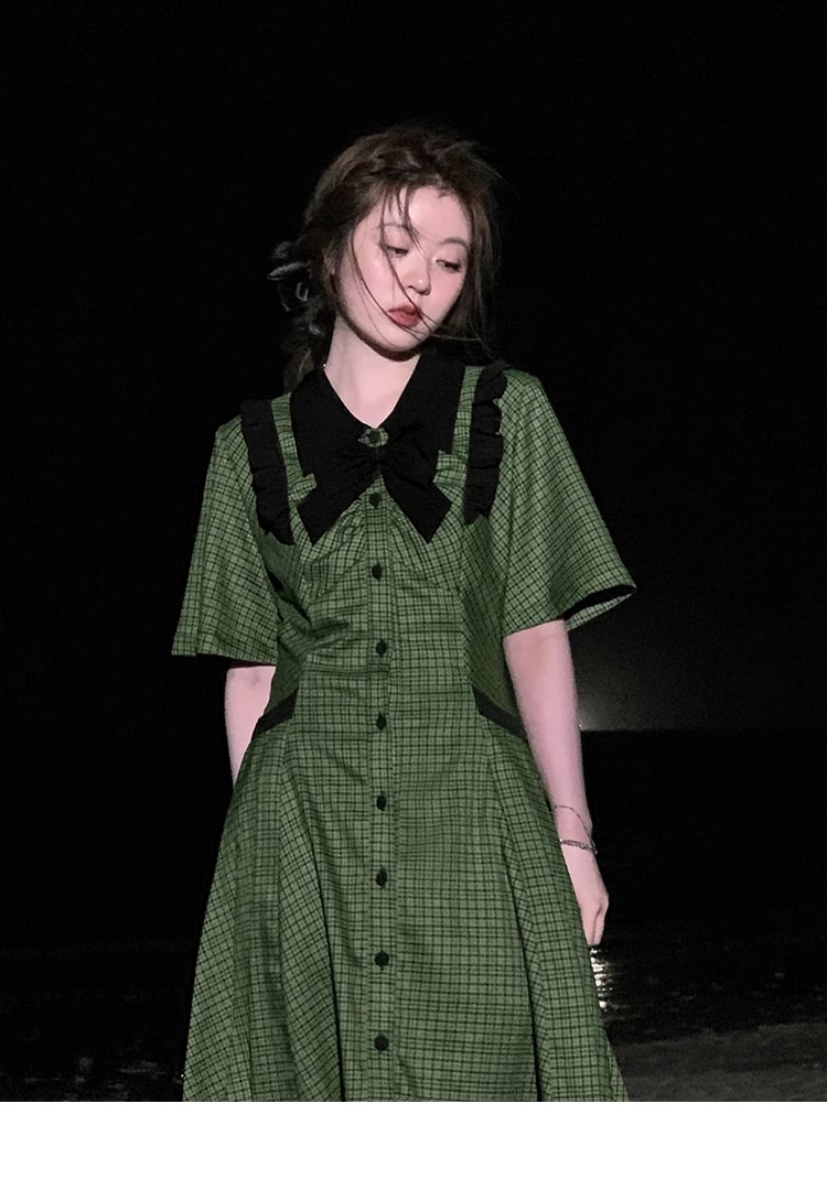 プラスサイズ 女性 甘い A ライン スカート 夏 ハイウエスト ショート チェック柄 ドレス 学生風 個性的 ワンピース ミニ ミニ丈 ショート ショート丈 袖あり 半袖 襟付き かわいい