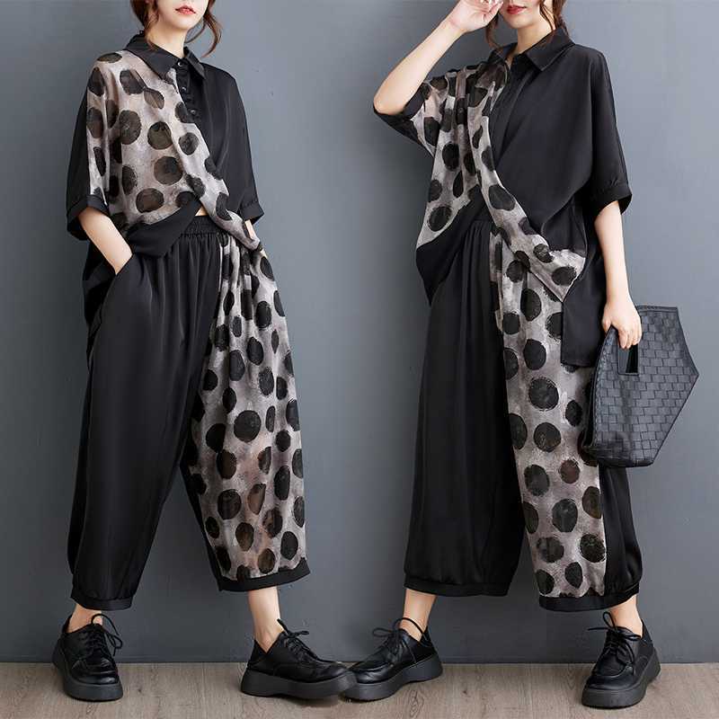 「ファットガール」 2024夏新品 上下セット 水玉 七分袖シャツ+九分丈ワイドパンツ 大きいサイズ 体型カバー レディース セットアップ メガ割30%までに制限