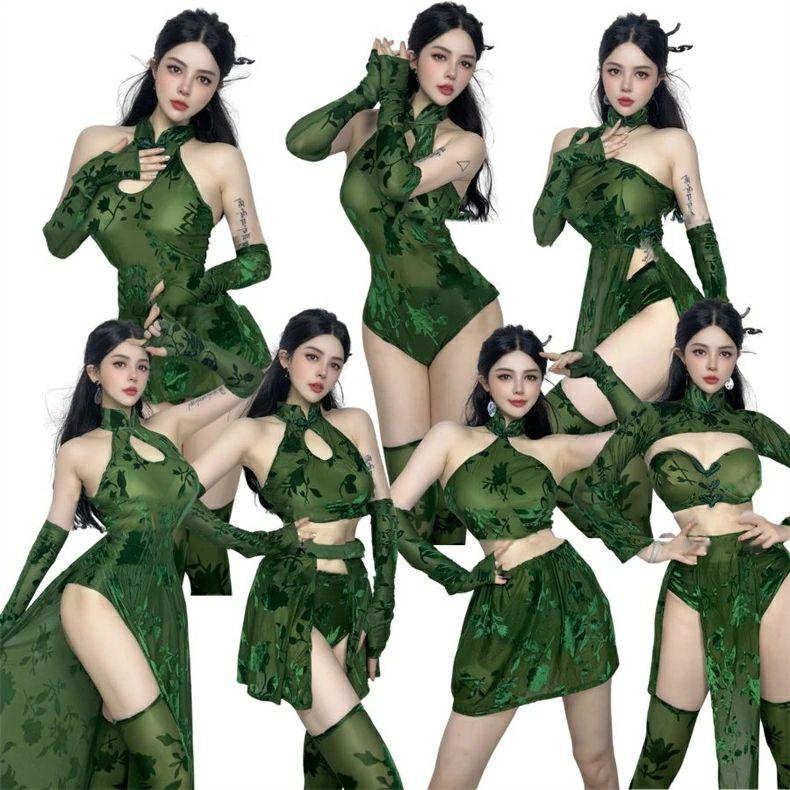 [新品入荷]緑 ジャズダンス衣装 セットアップ レディース セクシー DS演出服 透け感 刺繍柄 中華風 ゴーゴーダンス ステージ衣装 社交ダンス 派手 おしゃれ ポールダンス