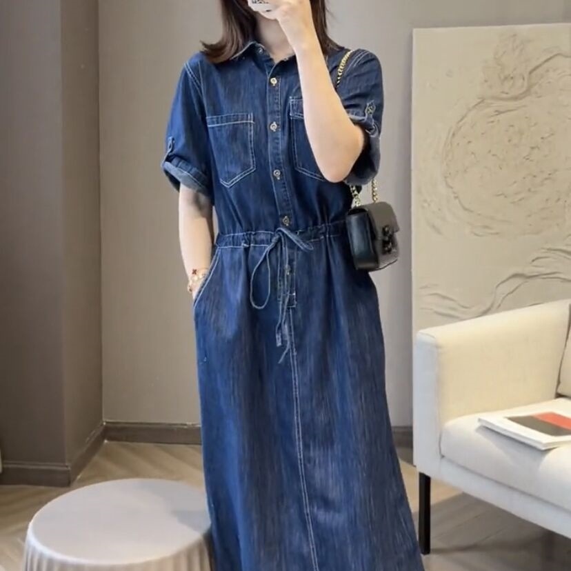 ワンピース デニムワンピース ロング丈 袖あり 半袖 Vネック 襟付き Aライン デニム かわいい 可愛い きれいめ シンプル カジュアル 上品 おしゃれ かっこいい 可愛い 女子