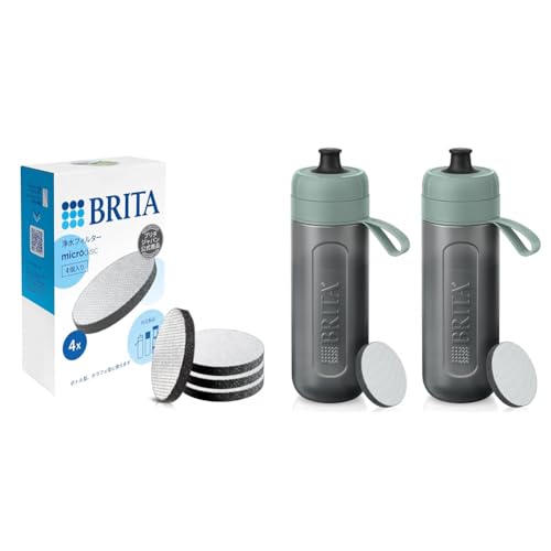 【セット買い】ブリタ 交換用 浄水 マイクロディスクカートリッジ 4個セット ボトル・カラフェ型浄水器用【日本正規品】＋ ブリタ 水筒 ボトル型 浄水器 2本セット アクティブ ダークグリーン 600