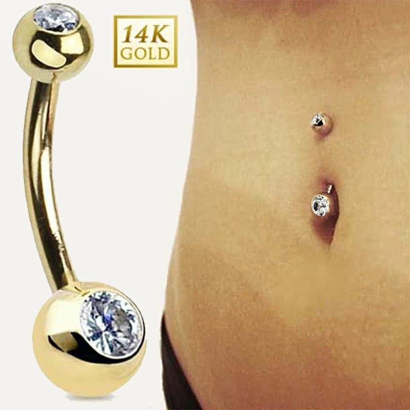 14金ダブルジュエル へそピアス 4/6mm 14G ボディピアス 本物 K14 ニッケルフリー 14ゲージ 定番 透明 ストーン 男性 女性 プレゼント 誕生日 ネイブル kdjbnxxxxxxxx