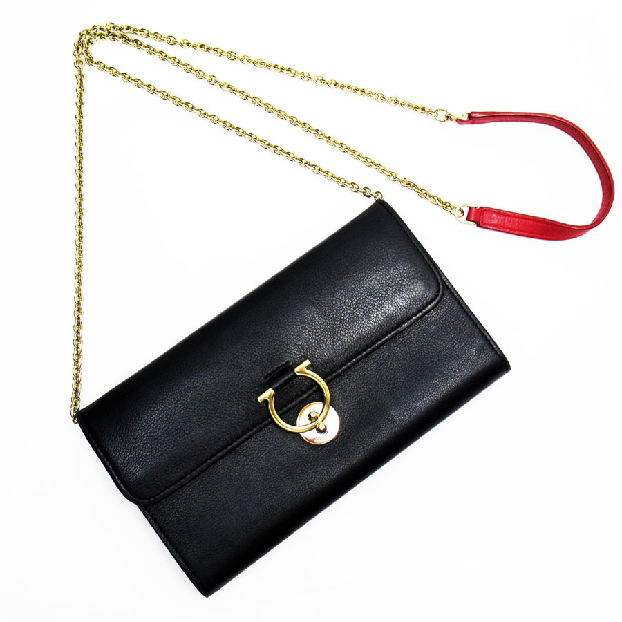 サルヴァトーレフェラガモ Salvatore Ferragamo ウォレットチェーン ガンチーニ レザー ブラック/ダークレッド ゴールド レディース w0755k