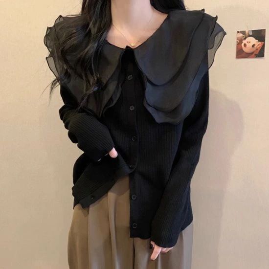 ニットセーター レディース トップス ニット リブニット セーター フリル チュール オーガンジー ビッグカラー フロントボタン 長袖 フェミニン カジュアル お出かけ おしゃれ 可愛い ファッション