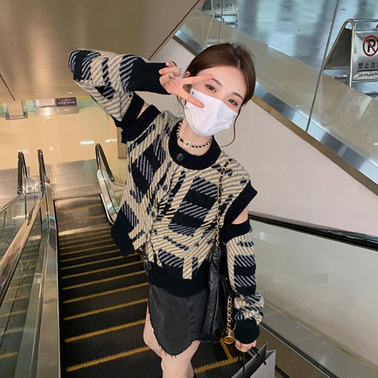 ニットカーディガン レディース セーター トップス カーディガン 羽織 肌見せ ラウンドネック チェック柄 おしゃれ カジュアル 肩出し 個性的 ボタン ショート丈 クロップド丈 ニットカーディガン