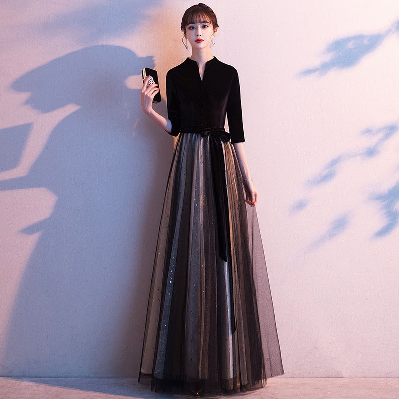 新入荷！カラードレス ロングドレス 5分袖 ブラック ファスナー 黒 パーティードレス ウェディングドレス ウエディングドレス 結婚式 二次会 披露宴 花嫁 演奏会 発表会 フォーマルドレス カクテル 5,433円