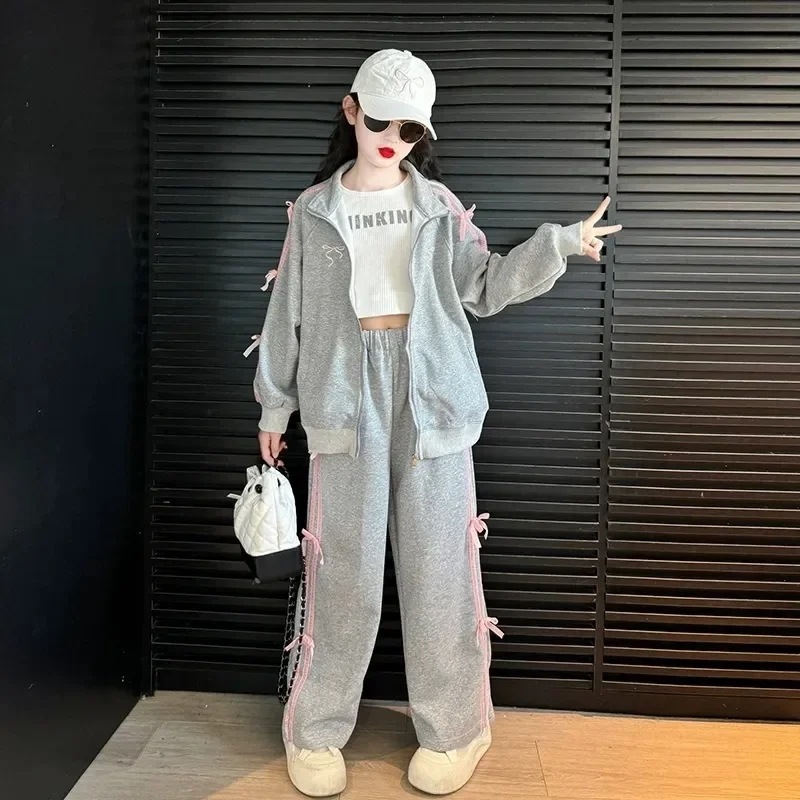 子供用ジップアップスポーツウェア,子供用ファッションボウスーツ,2ピースセット,女性用ストリートスタイル,春,秋 - AliExpress 1501