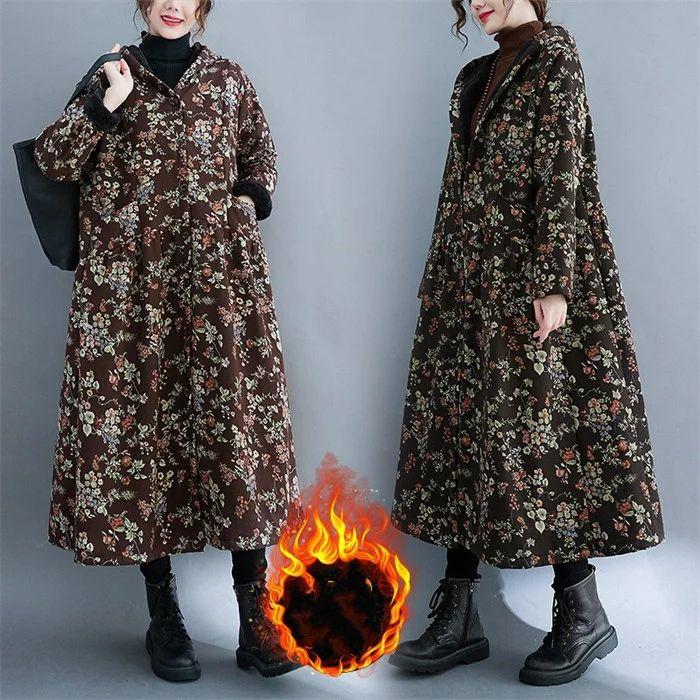 裏ボアコートロングフードレディース裏起毛花柄ロングコートアウター秋冬大きいサイズミモレ丈ブルゾン羽織防寒厚暖かいゆったり冬コートあ