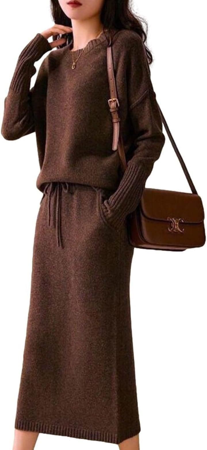 セットアップ レディース ニット プルオーバー スカート 長袖 ラウンドネック ポリエステル素材 BB026-BR-M( ブラウン, M)