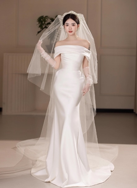 エレガント ウエディングドレス オフショルダー マーメイドライン 大人っぽい 結婚式