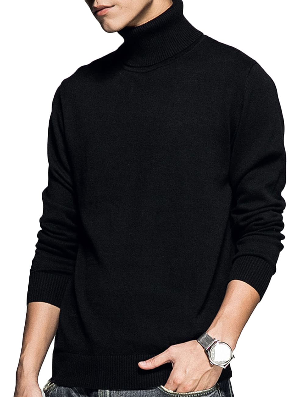 [Butrends] メンズ ハイネック セーター ニットクルーネック タートルネック ニットセーター カットソー 長袖 コットン カジュアル black 2XL